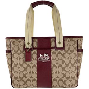 コーチ シグネチャー PVC レザー ベージュ ボルドー トートバッグ