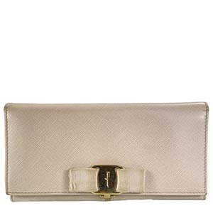 フェラガモ ヴァラ リボン レザー ピンクベージュ ウォレット 長財布