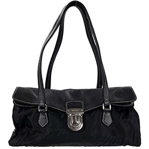 プラダ ナイロン キャンバス レザー ブラック ショルダーバッグ