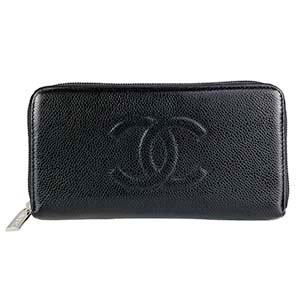 シャネル キャビアスキン CCロゴ ブラック ラウンドファスナー 長財布