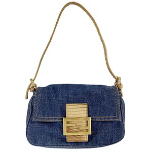 フェンディ マンマバゲット デニム レザー ブルー ショルダーバッグ