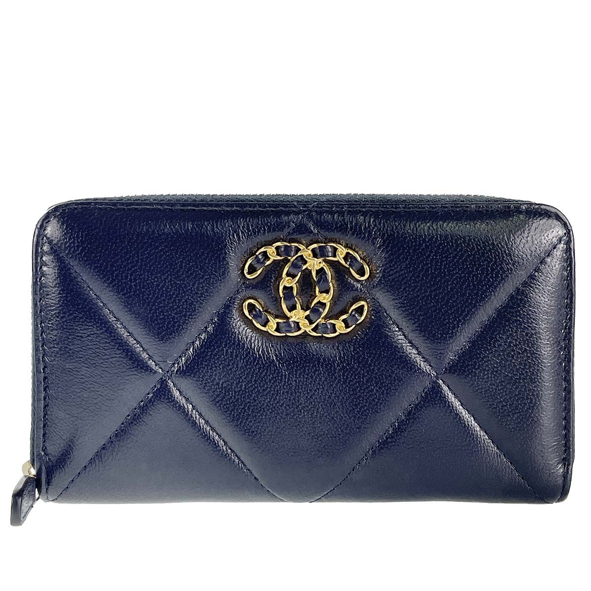 シャネル CHANEL 19 マトラッセ ラムスキン ネイビー スモール ジップ ウォレット 財布