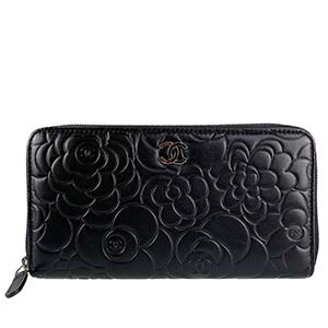 シャネル カメリア ラムスキン ブラック ラウンドファスナー 長財布