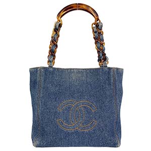 シャネル デニム CCロゴ ブルー プラスチックチェーントートバッグ