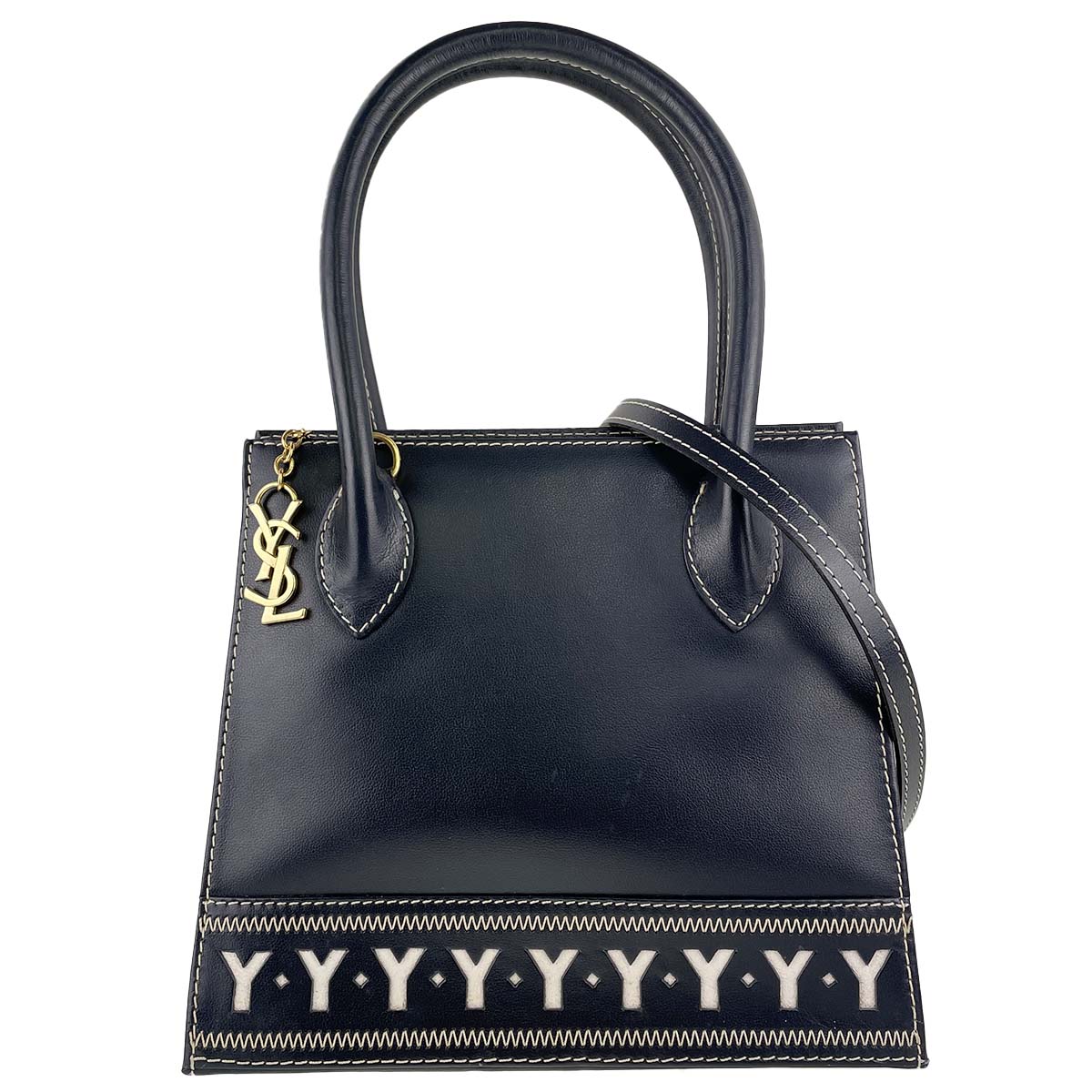 サンローラン レザー ネイビー ホワイト チャーム 2WAY ハンドバッグ