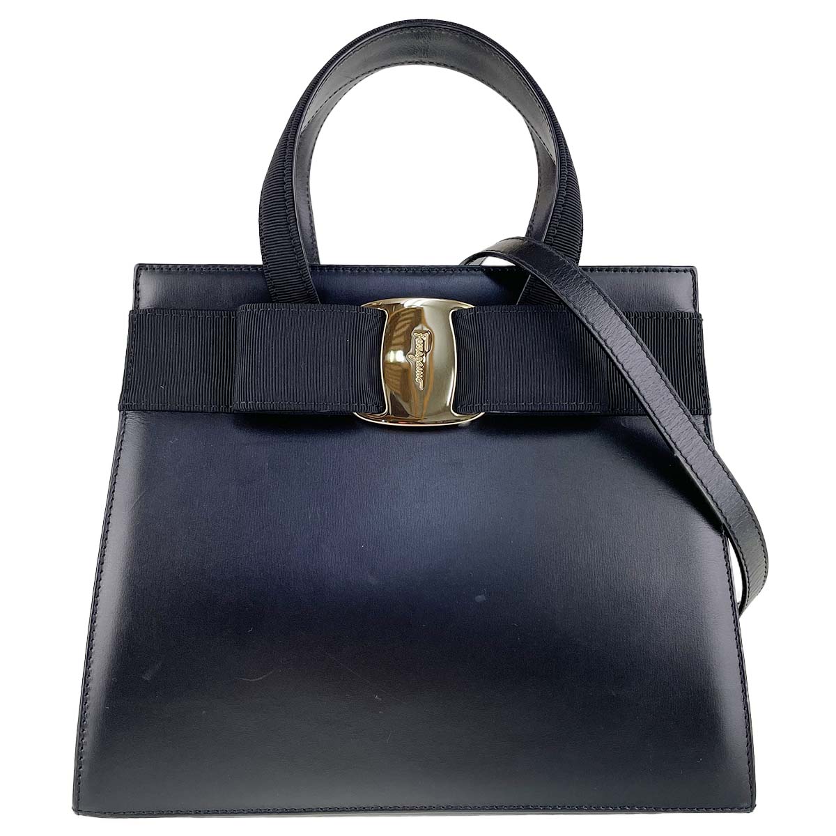 フェラガモ ヴァラ リボン レザー ネイビー 2WAY ハンドバッグ