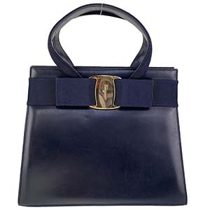 フェラガモ ヴァラ リボン レザー ネイビー ハンドバッグ