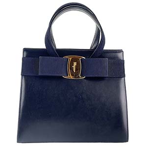 フェラガモ ヴァラ リボン レザー ネイビー ハンドバッグ