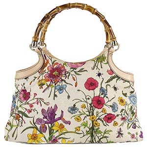 グッチ バンブー フローラ キャンバス レザー ベージュ ハンドバッグ