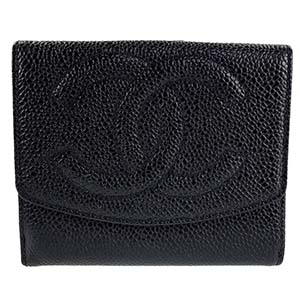シャネル キャビアスキン CCロゴ ブラック 三つ折り 財布