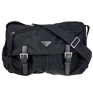 プラダ ナイロン キャンバス レザー ブラック ショルダーバッグ