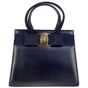 フェラガモ ヴァラ リボン レザー ネイビー ハンドバッグ