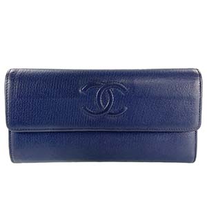 シャネル カーフスキン CCロゴ ネイビー 長財布