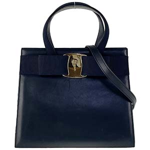 フェラガモ ヴァラ リボン レザー ネイビー 2WAY ハンドバッグ