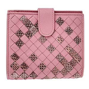 ボッテガ・ヴェネタ イントレチャート カーフスキン パイソンレザー ピンク 二つ折り 財布