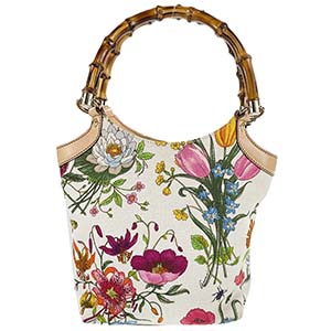 グッチ バンブー フローラ キャンバス レザー ベージュ ハンドバッグ