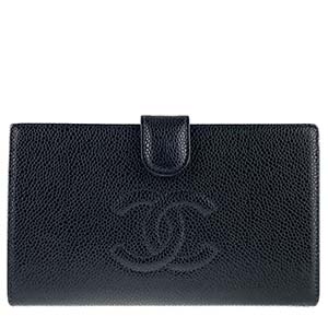 シャネル キャビアスキン CCロゴ ブラック 二つ折り 長財布