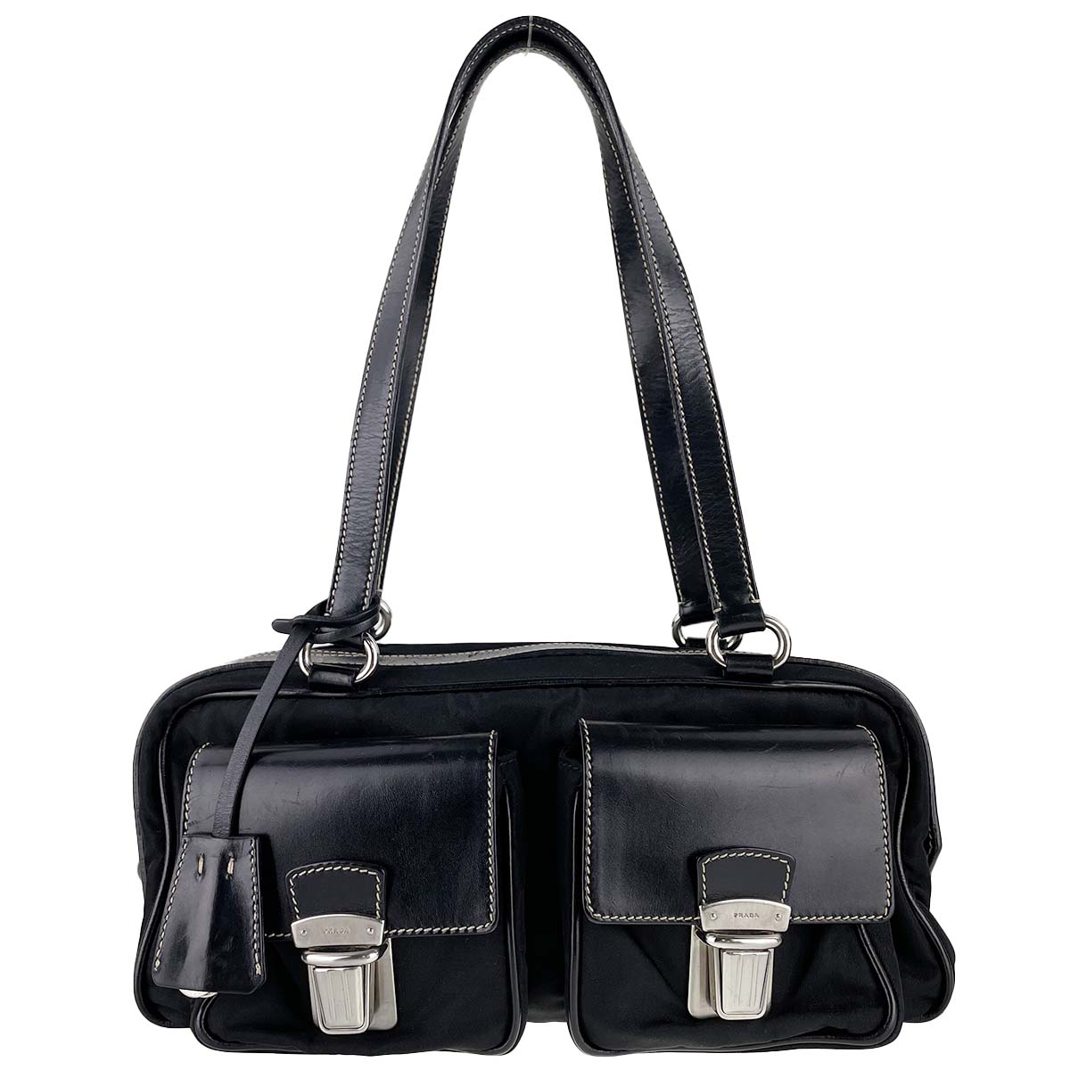 プラダ ナイロン キャンバス レザー ブラック マルチポケット ショルダーバッグ