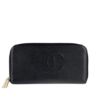 シャネル キャビアスキン CCロゴ ブラック ラウンドファスナー 長財布