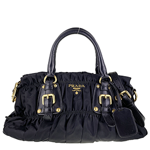 プラダ ナイロン キャンバス レザー ブラック ギャザー 2WAY ハンドバッグ