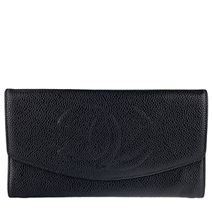 シャネル キャビアスキン CCロゴ ブラック 二つ折り 長財布