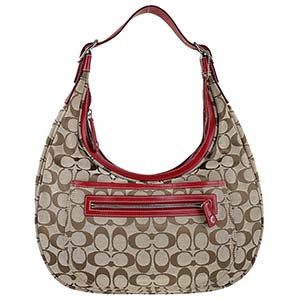 コーチ シグネチャー キャンバス レザー ベージュ レッド ショルダーバッグ