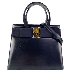フェラガモ ヴァラ リボン レザー ネイビー 2WAY ハンドバッグ