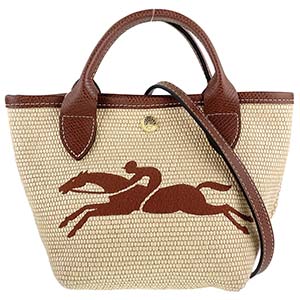 ロンシャン プリアージュ ストローエフェクト キャンバス レザー ベージュ ブラウン 2WAY ハンドバッグ 