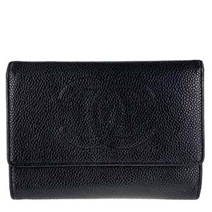 シャネル キャビアスキン CCロゴ ブラック 三つ折り 財布