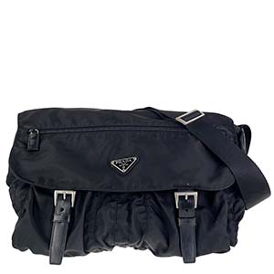 プラダ ナイロン キャンバス レザー ブラック ショルダーバッグ