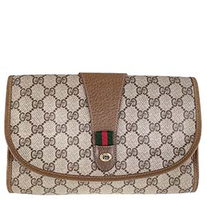グッチ オールドグッチ シェリーライン PVC レザー ベージュ ブラウン クラッチバッグ
