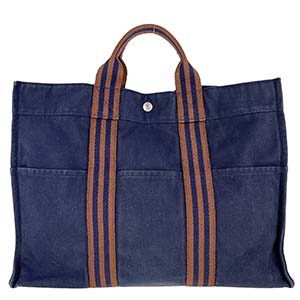 エルメス フールトゥ トートMM コットンキャンバス ネイビー ブラウン トートバッグ