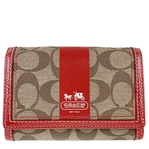 コーチ シグネチャー キャンバス レザー ベージュ レッド 二つ折り 財布