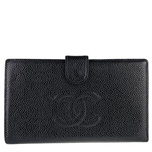 シャネル キャビアスキン CCロゴ ブラック 二つ折り 長財布