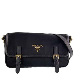 プラダ ナイロン キャンバス レザー ブラック ショルダーバッグ
