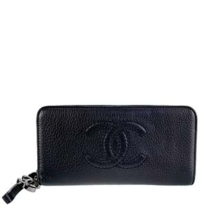 シャネル キャビアスキン CCロゴ チャーム ブラック ラウンドファスナー 長財布