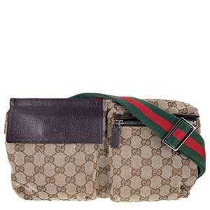 グッチ オールドグッチ シェリーライン GGキャンバス レザー ベージュ ブラウン ウエストバッグ