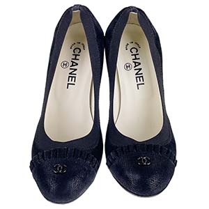 シャネル CCロゴ フリル キャンバス ブラック チャンキーヒール パンプス