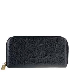 シャネル キャビアスキン CCロゴ ブラック ラウンドファスナー 長財布
