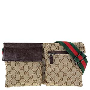 グッチ オールドグッチ シェリーライン GGキャンバス レザー ベージュ ブラウン ウエストバッグ