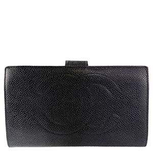 シャネル キャビアスキン CCロゴ ブラック がま口 二つ折り 長財布