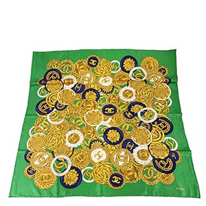 シャネル CCロゴ シルク グリーン ゴールド スカーフ