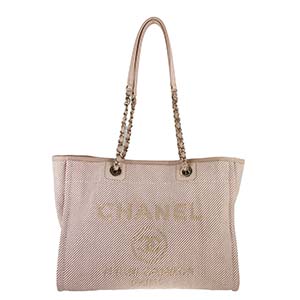 シャネル ドーヴィル ミディアムトートMM キャンバス レザー ピンク トートバッグ