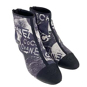 シャネル カメリア カーフスキン グログラン ネイビー ブラック ショート ブーツ