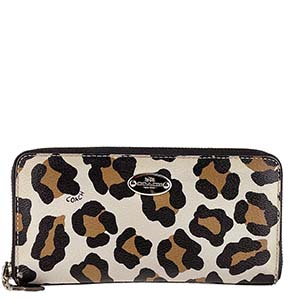 コーチ PVC レザー レオパード 柄ベージュ ブラック ラウンドファスナー 長財布