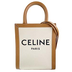 セリーヌ ミニ バーティカル キャンバス レザー アイボリー ブラウン 2WAY ハンドバッグ