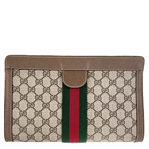 グッチ オールドグッチ シェリーライン PVC レザー ベージュ ブラウン セカンドバッグ