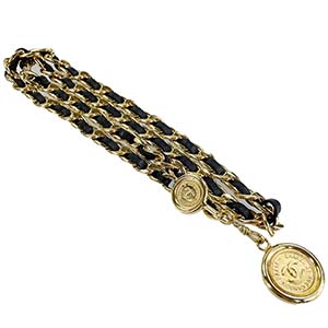 シャネル CCロゴ コイン ゴールドメッキ レザー ゴールド ブラック チェーン ベルト