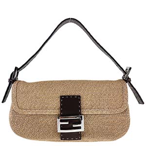 フェンディ マンマバゲット セレリア ストロー レザー ベージュ ブラウン ショルダーバッグ