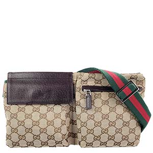グッチ オールドグッチ シェリーライン GGキャンバス レザー ベージュ ブラウン ウエストバッグ